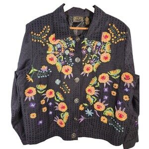 Julia Kim Embroidered Floral Jacket XL Boho Colorful Embellished Art to Wear